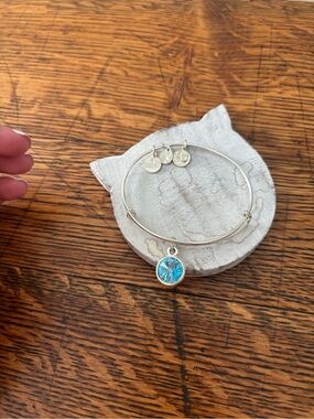 March Birthstone Aquamarine Charm Silver Bangle Bracelet Alex and Ani